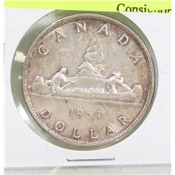 1954 CANADIAN SILVER DOLLAR COIN.