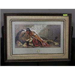 EGYPTIAN PRINCESS AND LION FRAMED ARTWORK