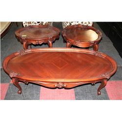 ESTATE WOOD CARVED 3 PC COFFEE TABLE SET