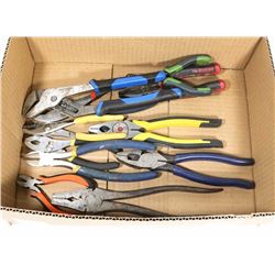 BOX OF 11 VARIOUS PLIERS, SNIPS AND