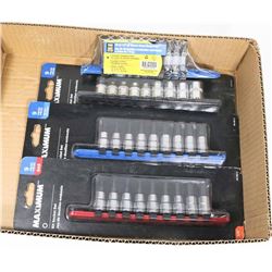 BOX OF NEW SOCKET SETS ON SOCKET RACKS -