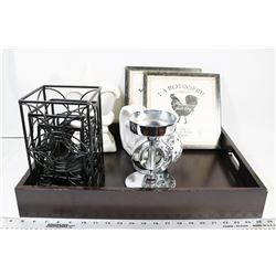BOX OF CANDLE HOLDERS, DECORATIONS AND WALL