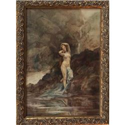 Forest Nymph, mid 1800's framed oil painting of a nude nymph in the forest. Alegorical