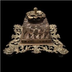 19thc Ornate Brass & Cut Glass Inkwell