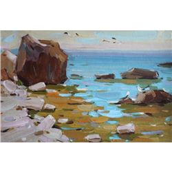 SUNNY SEASCAPE realism ORIGINAL OIL PAINTING colorful art by ANNA GUSAROVA