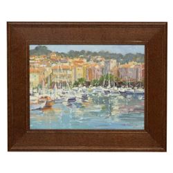 20thc Signed Oil On Board, Harbor Houses & Boats