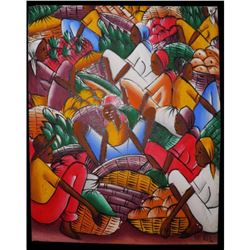 Signed Acrylic Painting, Haitian Farmers Market Ready To Frame 43.84 Idiot Sale