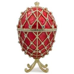 7  Royal Trellis on Red Enamel Jeweled Faberge Inspired Egg