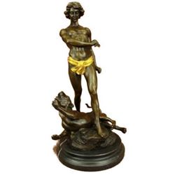 Gold Patina Young Tarzan Killing Leopard Bronze Sculpture Statue Figurine Figure