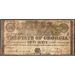 1863 Fifty Cents The State of Georgia Milledgeville Obsolete Note