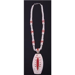 Navajo Signed Sterling Silver & Coral Necklace
