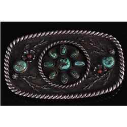 Old Pawn Turquoise, Coral and Silver Belt Buckle