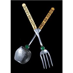 Chinese Aluminum and Bone Serving Spoon and Fork