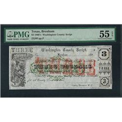 1860's $3 Washington County Script Note PMG About Uncirculated 55EPQ