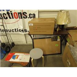 SMALL HALL TABLE, LAMP, SHOE RACKS, WHITE BOARD, SMALL STOOL, FOLDER FRAME, MISC