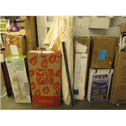 2 PATIO UMBRELLAS, SHOWER CADDY, LAWN CHAIR, ABIIE HIGH CHAIR, QUADPOD STAND, PINK FOLDING