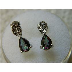 EARRINGS - PEAR FACETED MYSTIC TOPAZ & DIAMONDS IN STERLING SILVER SETTING - INCLUDES CERTIFICATE $3