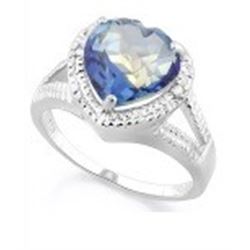 RING - 2 4/5 CARAT HEART FACETED VIOLET MYSTIC GEMSTONE & 2 GENUINE DIAMONDS IN 925 STERLING SILVER 