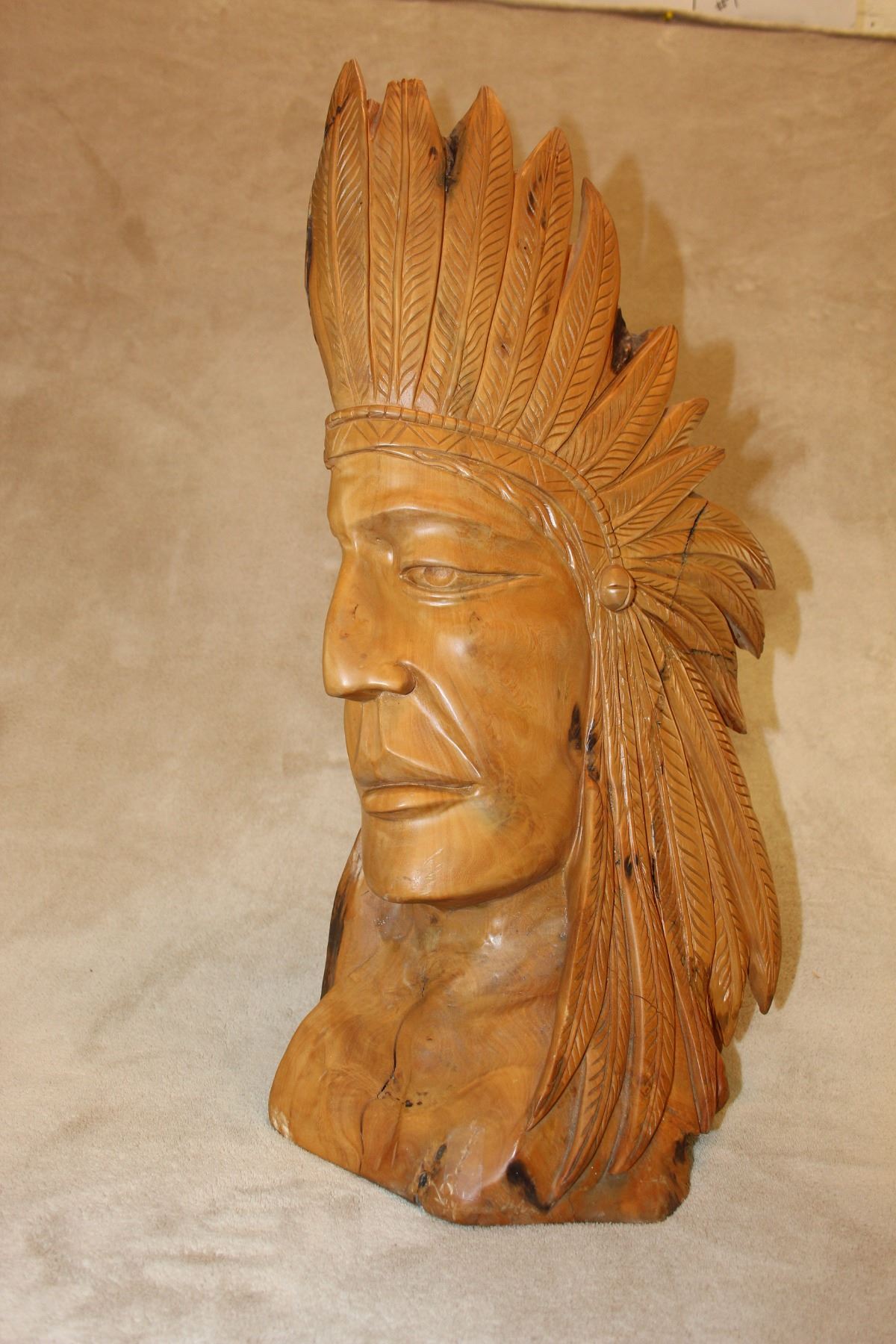 Carved Cypress Wooden Indian Chief Head Tip of 1 Feather Broken 3