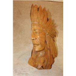 Carved Cypress Wooden Indian Chief Head- Tip of 1 Feather Broken- 3 Cracks in Wood