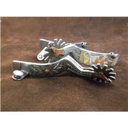 Unmarked Silver, Copper and Brass Overlaid Spurs-Lady Legs- Overlaid Saloon Girl on Bands