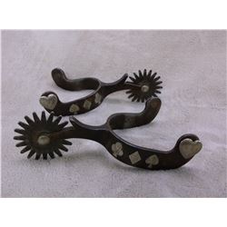 Marked ET Silver Overlaid Card Suit Spurs- Chap Guards- 20 Point Rowels- 1"Bands 2.5" Shanks