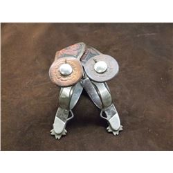 Marked Crockett Silver Overlaid Spurs- Fish Pattern- 5 Point Notched Rowels- .75" Bands 1.5"Shanks- 