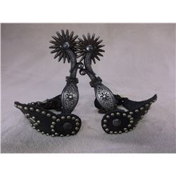 Marked GS Garcia Elko Nev Silver Inlaid Spurs- Filigree- Barrel Chapguards- Heel Chains- 18 Point Ro