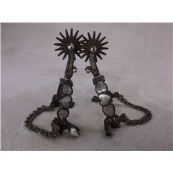 Marked GS Garcia Elko Nev Silver Inlaid Spurs- Backwards N- 4 Heart Pattern- Barrel Chap Guards