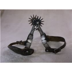 Marked Squashed M's Hand Crafted Silver Inlaid Spurs- Shield Pattern- Barrel Chap Guards