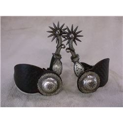 Unmarked GS Garcia Sliver Inlaid Spurs- Filigree- Barrel Chap Guards- Heel Chains- 12 Point Rowels