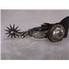 Image 5 : Unmarked GS Garcia Sliver Inlaid Spurs- Filigree- Barrel Chap Guards- Heel Chains- 12 Point Rowels