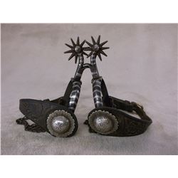 Marked Visalia Stock Saddle Co San Fran- Silver Inlaid and Etched Spurs- Chevron Pattern- Chap Guard