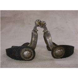 Unmarked Silver Over Monel Spurs- .8" Bands 1.5" Shanks- Stamped Straps With Silver Conchos and Buck