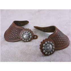 Marked F Schultz Scalloped Silver Conchos on Unmarked Frank Schultz Stamped 1 Piece Spur Straps
