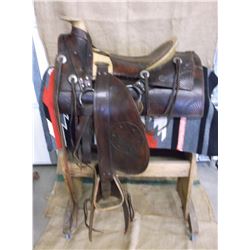 Marked F Costanza Maker Stevensville, MT Saddle- Hand Tooled- Nickel Conchos- 15" Seat- Trail Model