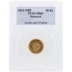 1913 VBP Denmark 10 Kroners Gold Coin PCGS MS65