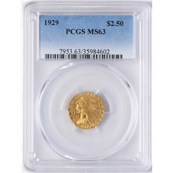 1929 $2 1/2 Indian Head Quarter Eagle Gold Coin PCGS MS63