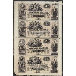 Uncut Sheet of 1800's $20 Canal Bank Obsolete Notes