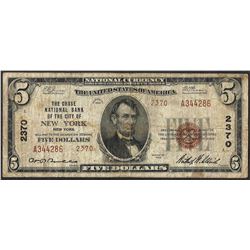 1929 $5 Chase NB City of New York CH#2370 National Currency Note