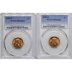 Lot of 1942-S & 1942-D Lincoln Wheat Cent Coins PCGS MS66RD