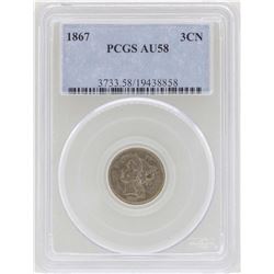 1867 3 Cent Nickel Coin PCGS AU58