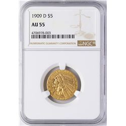 1909-D $5 Indian Head Half Eagle Gold Coin NGC AU55