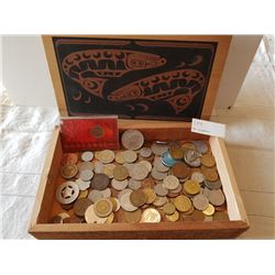 WOODEN BOX (W/COINS/TOKENS)