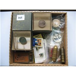 LOT OF MISC.  ITEMS - (BULLET LIGHTERS,  BELT BUCKLE,  MATCH BOOKS, WATCH,  ETC.)