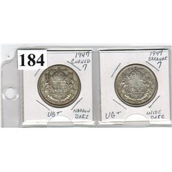 LOT OF 2 CANADIAN SILVER 50 CENT PCS - (1947 CURVED 7 & 1947 STRAIGHT 7)