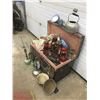 Image 1 : STEAMER TRUNK, *METAL W/TRAY & CONTENTS* FARM FRESH (BARN LANTERNS, ENAMEL WARE, LICENSE PLATES, ETC
