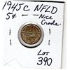Image 2 : 1945C NEWFOUNDLAND 5 CENT *SILVER* (NICE GRADE)