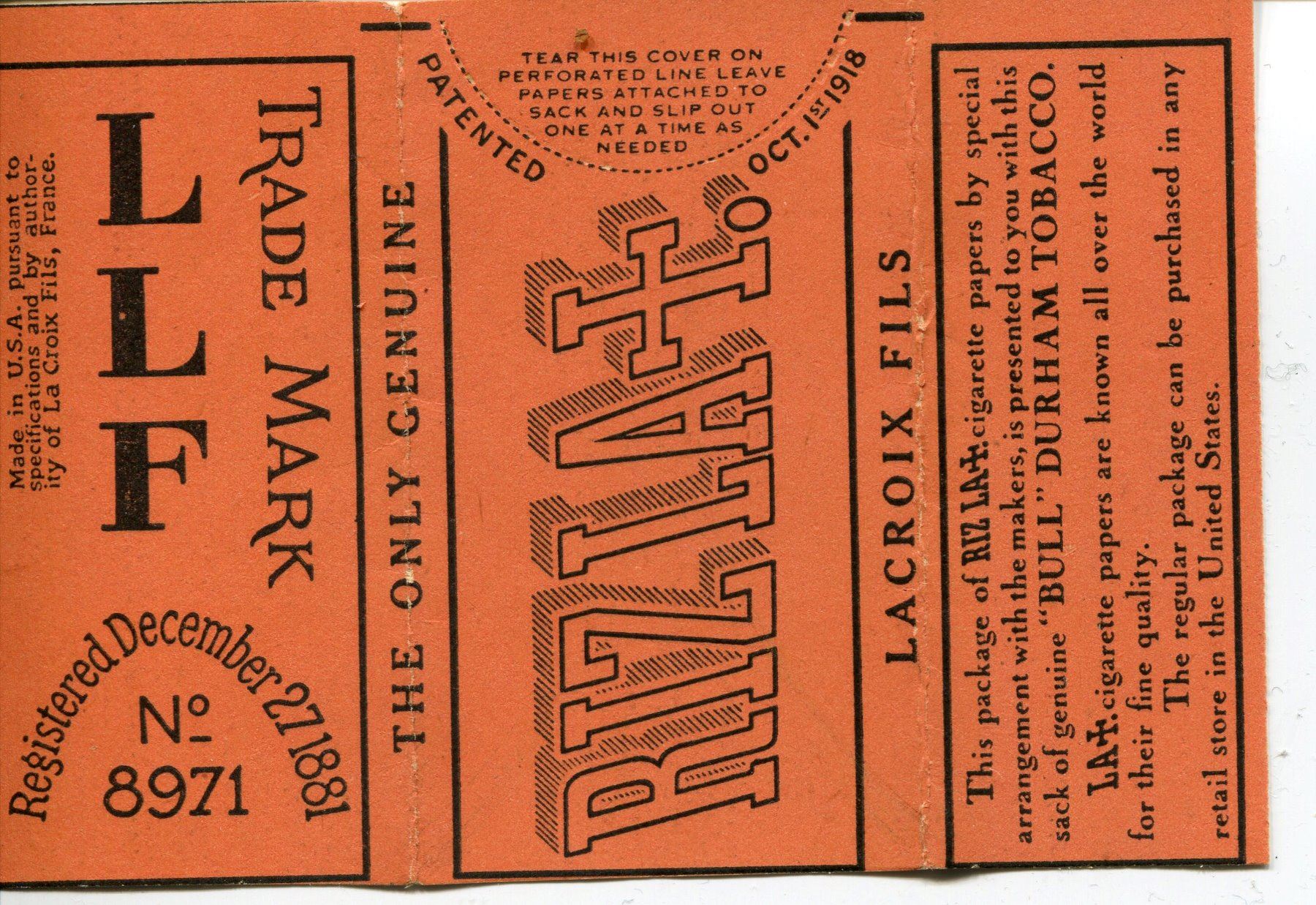 TOBACCO/CIGARETTE ROLLING PAPERS (RIZLA LLF, RARE), *1890 TO 1910