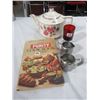 Image 1 : LOT OF PURITY COOKBOOK (HARDCOVER),POTTERY TEAPOT, 2 STAINLESS STEEL CREAMERS & RED STEM GLASS